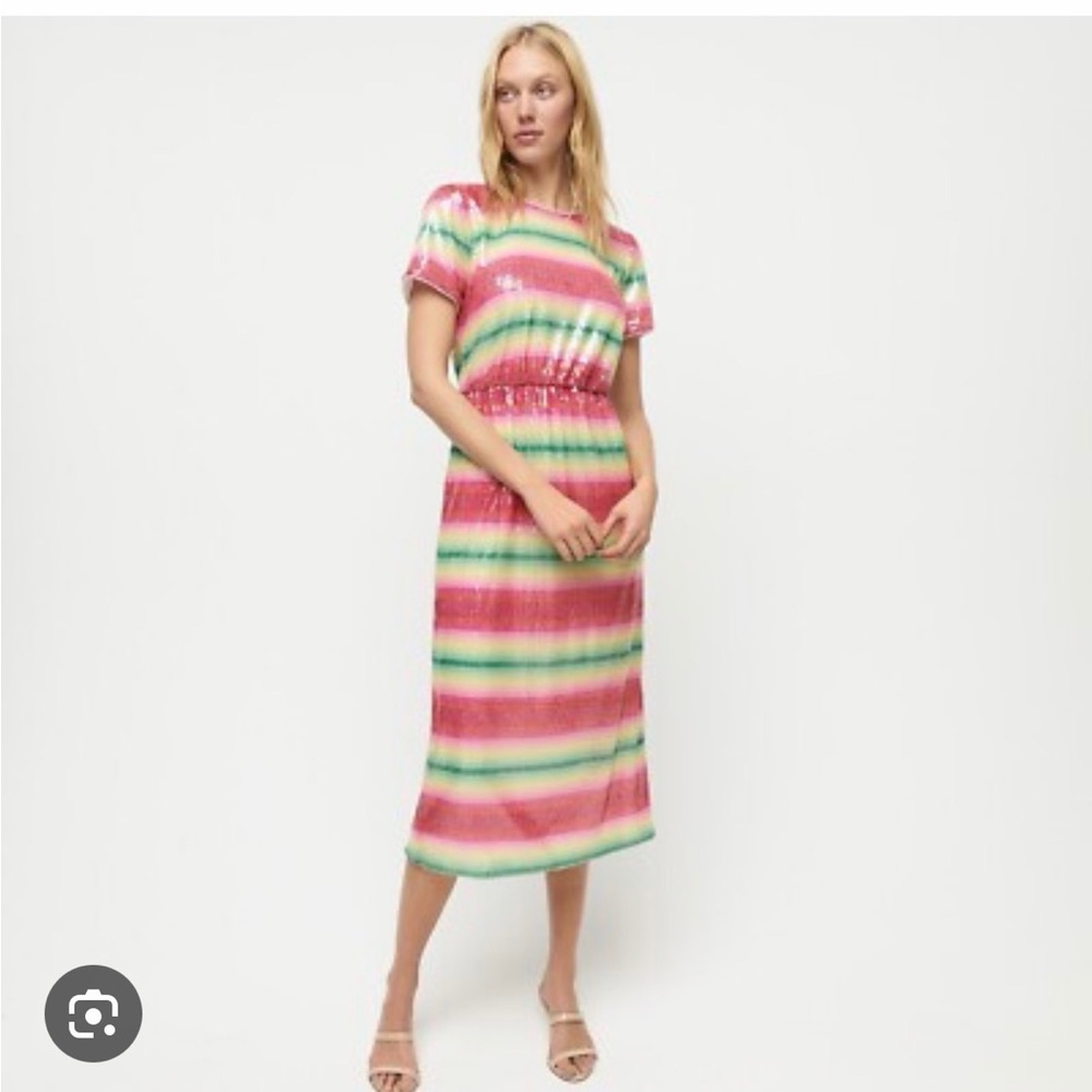 J Crew Theresa Stripe Pink and Green Sequin Midi Dress